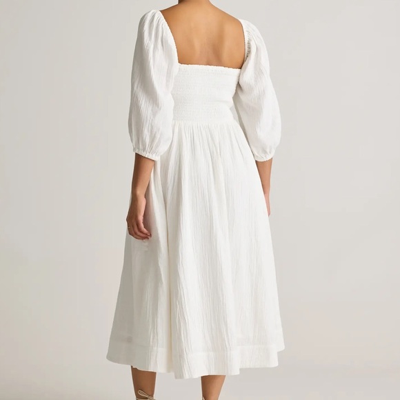 NWT QUINCE 100% Organic Cotton Gauze Smocked Square Neck Midi Dress White 5058 - Picture 3 of 10
